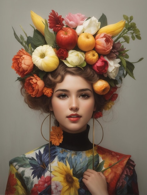 Ilustração de mulher com traje de flores e frutas