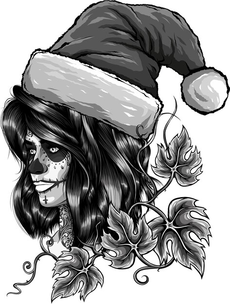Ilustração de mulher em crânio de maquiagem com chapéu de Natal