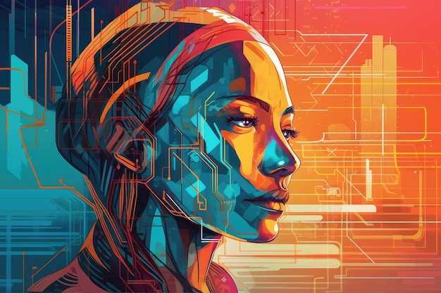 Ilustração de mulher robô futurista abstrata e retrô com efeito neon de laser de várias cores