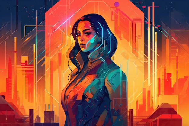 Ilustração de mulher robô futurista abstrata e retrô com efeito neon de laser de várias cores