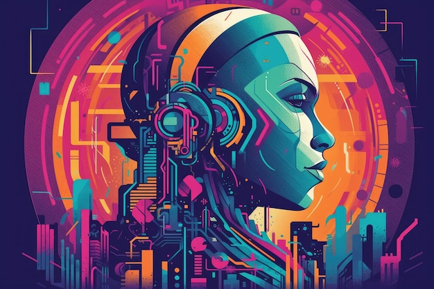 Ilustração de mulher robô futurista abstrata e retrô com efeito neon de laser de várias cores