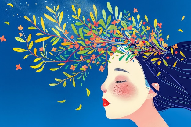 Ilustração de mulher vibrante com decoração floral