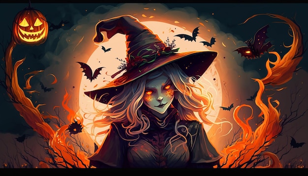 Ilustração de mulheres assustadoras em uma fantasia de bruxa para fundo de Halloween Generative ai