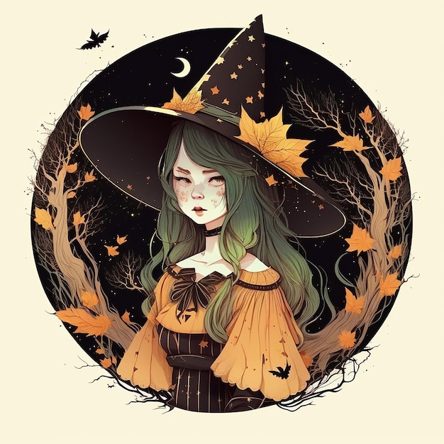 Ilustração de mulheres assustadoras em uma fantasia de bruxa para fundo de Halloween Generative ai