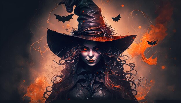 Ilustração de mulheres assustadoras em uma fantasia de bruxa para fundo de Halloween Generative ai