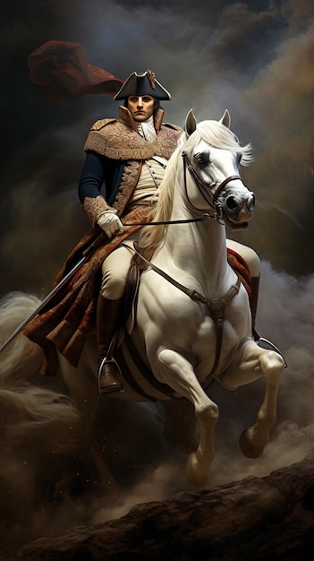 Ilustração de Napoleão Bonaparte montando um cavalo com costas naturais