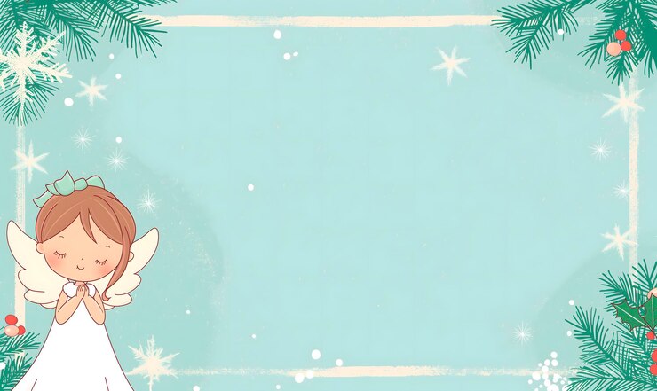 Foto ilustração de natal bonita com um anjo de desenho animado com galhos de pinheiro e flocos de neve perfeito para cartões de saudação de férias convites ou desenhos sazonais que precisam de um toque nostálgico