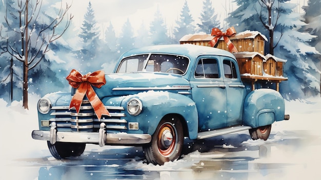 Ilustração de Natal Carro retrô em aquarela com caixa de presente e árvore de Natal em cima e flocos de neve