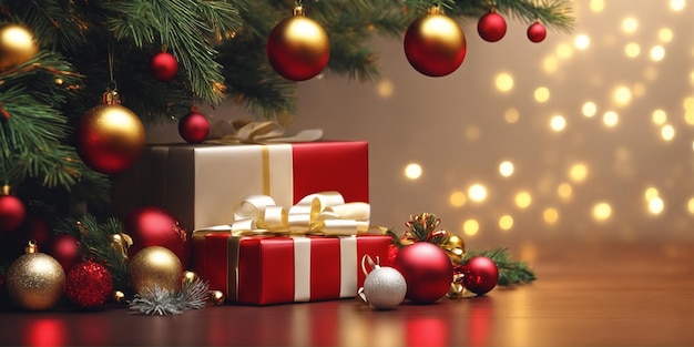 Ilustração de Natal com caixas de presentes coloridas com fitas e laços Ramos de árvores de Natal bolas vermelhas e douradas e outras decorações IA geradora