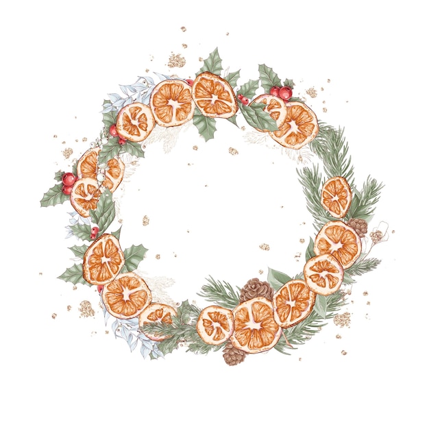 Ilustração de Natal conjunto coroa de flores de inverno poinsétia algodão e laranja