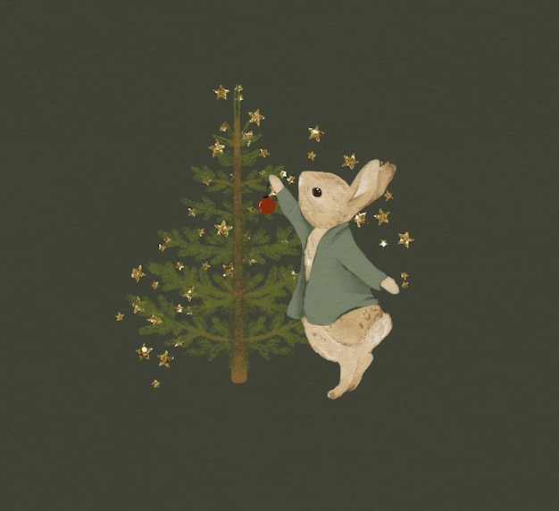 Ilustração de Natal de um coelho em cores clássicas de Natal, saudando o cartão de Natal