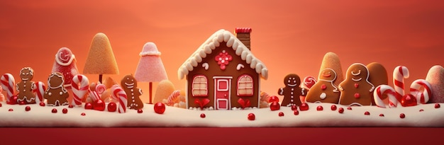 Ilustração de Natal de uma casa de pão de gengibre em um fundo vermelho IA geradora