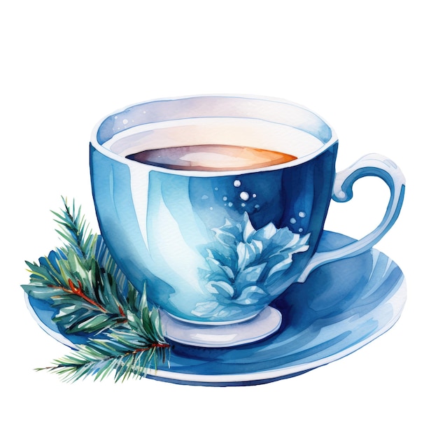 Ilustração de Natal em aquarela com copo azul e bebidas quentes de inverno AI