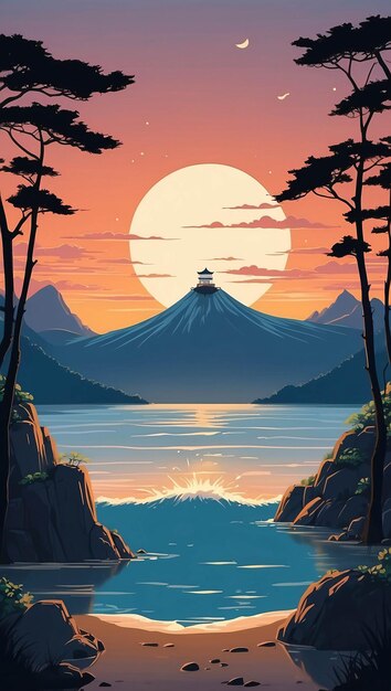 Foto ilustração de natureza caprichosa pôr-do-sol no mar e floresta estilo anime