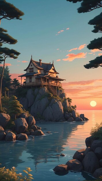 Ilustração de natureza caprichosa Pôr-do-sol no mar e floresta estilo anime