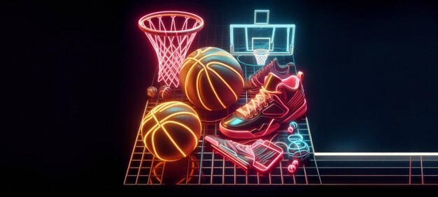 Ilustração de néon 3D de uma bola de basquete no chão