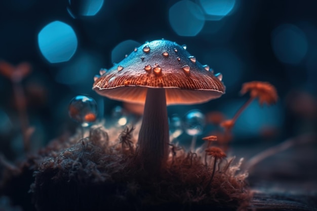 Ilustração de néon de cogumelos mágicos em close-up com gotas de água brilhando à noite em uma floresta mística