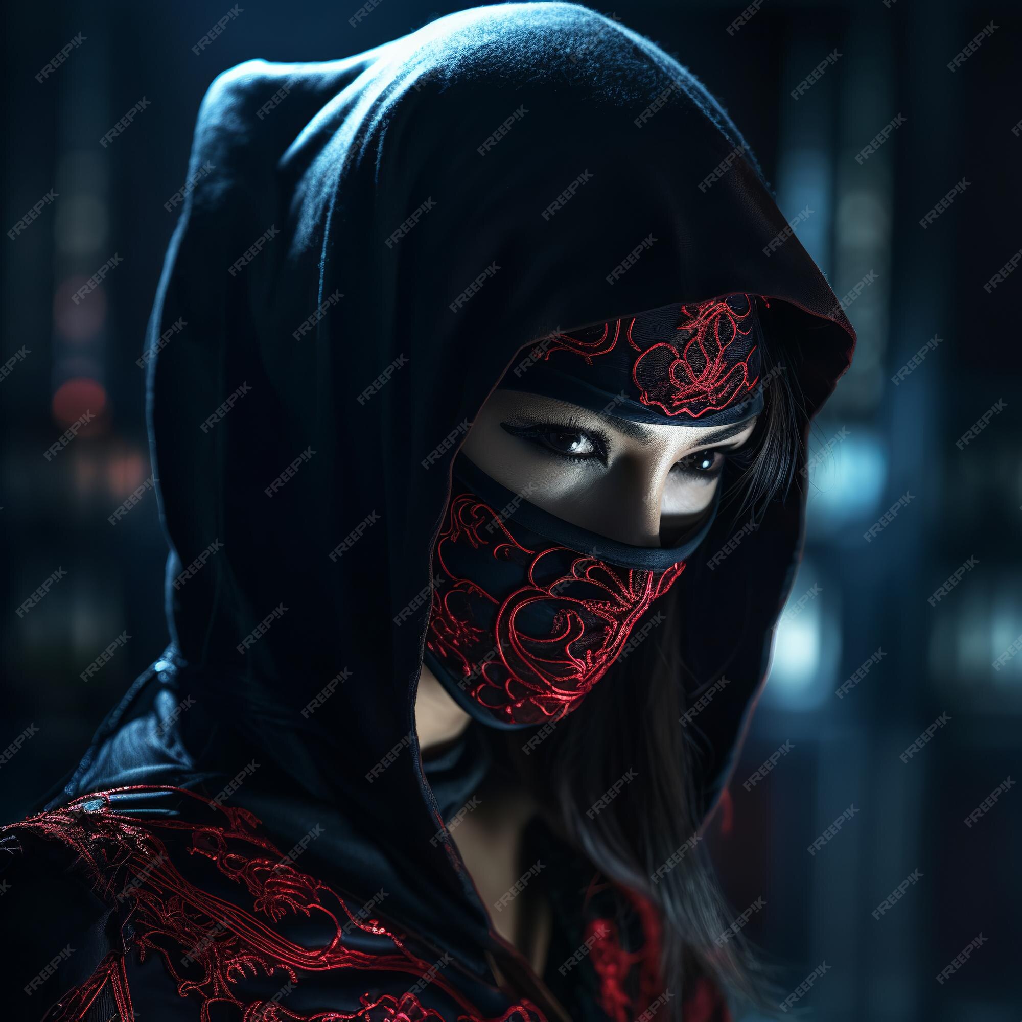 Ilustração de ninja assassin woman mascarada de corpo inteiro com luz suave  nat