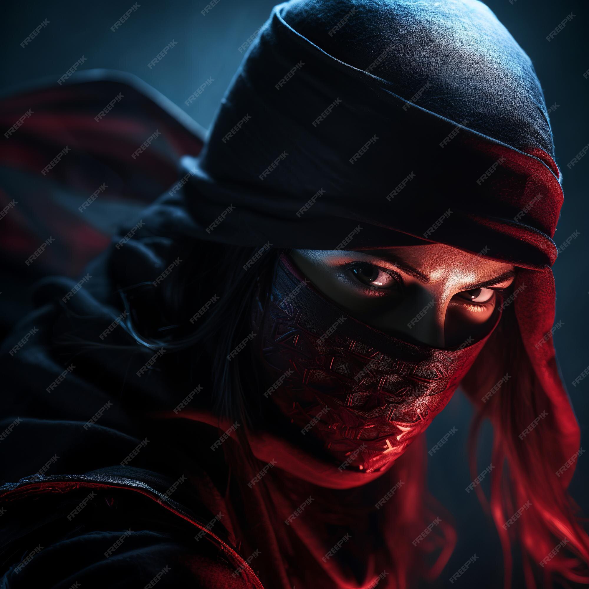 Ilustração de ninja assassin woman mascarada de corpo inteiro com luz suave  nat