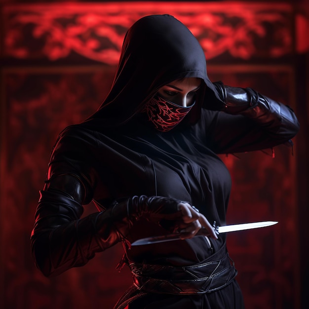 Ilustração de ninja assassin woman mascarada de corpo inteiro com luz suave  nat