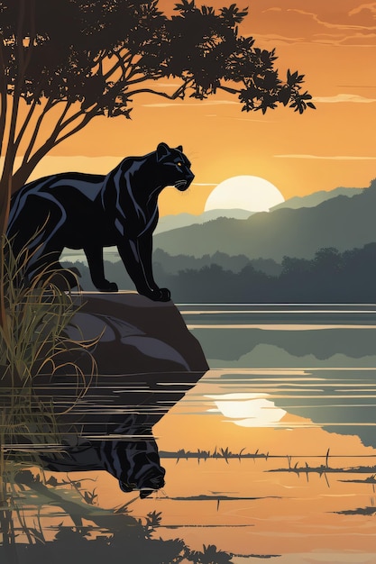 Ilustração de noite iluminada pela lua de pantera negra IA generativa