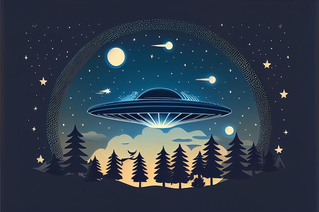 Ilustração de objeto voador não identificado no céu à noite estilo cartoon AI