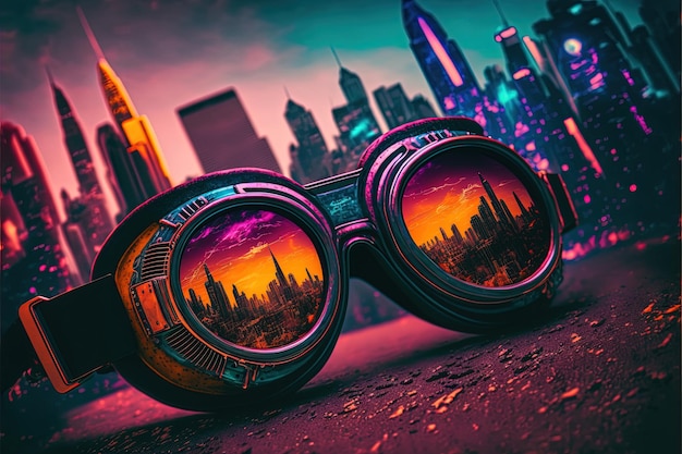 Ilustração de óculos refletindo a cidade futurista na lente, a cidade ao fundo. Gerativo A