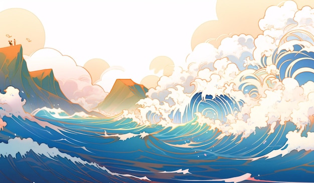 Ilustração de ondas à beira-mar no vento chinês de verão e material de ondas