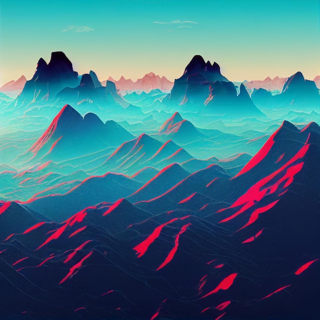 Ilustração de ondas sintéticas de paisagem de montanha de vaporwave