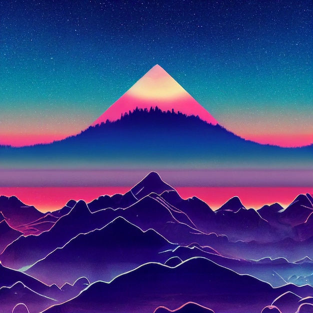 Ilustração de ondas sintéticas de paisagem de montanha de vaporwave