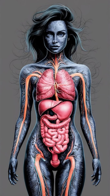Ilustração de órgãos internos está no corpo da mulher contra o cinza
