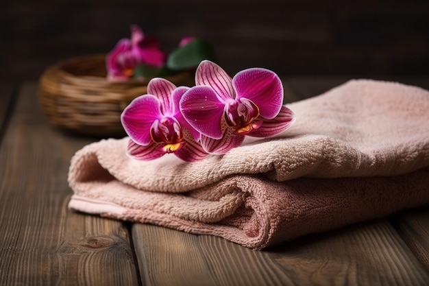 Ilustração de orquídeas cor-de-rosa e uma toalha sobre uma mesa de madeira criada com a tecnologia Generative AI