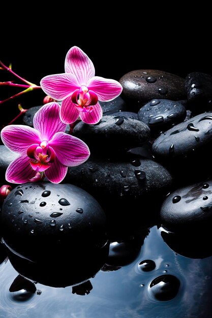 Ilustração de orquídeas cor-de-rosa em pedras negras molhadas espaço livre vertical conceito de spa IA generativa