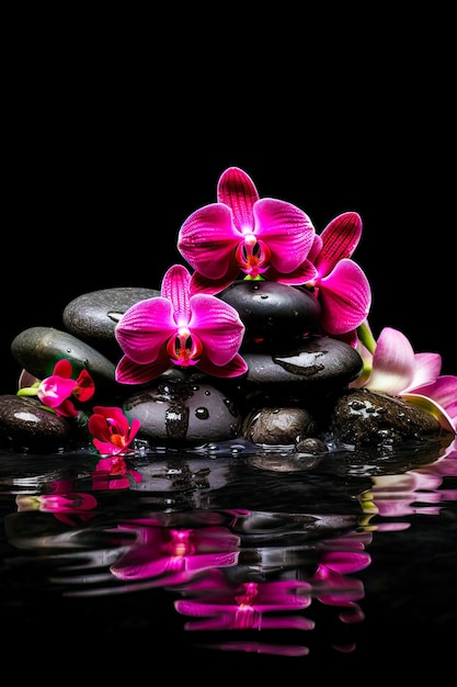 Ilustração de orquídeas cor-de-rosa em pedras pretas com espaço livre de reflexão conceito de spa IA generativa