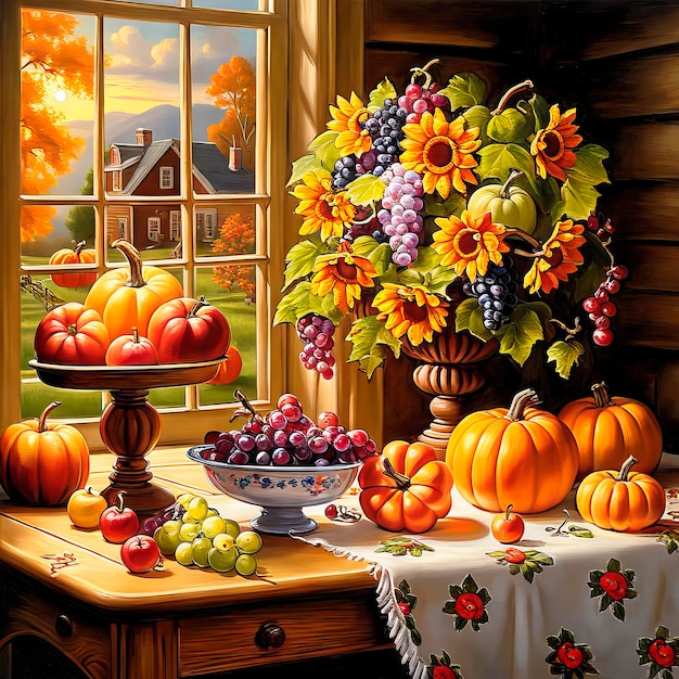 Foto ilustração de outono em estilo vintage colheita rica natureza morta