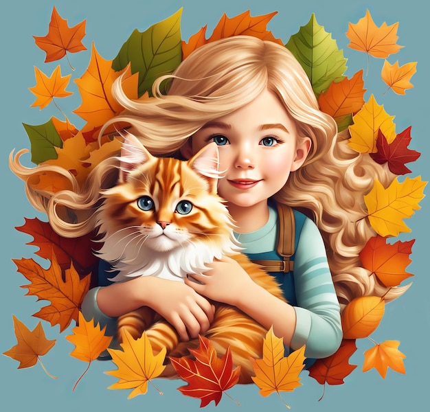 Foto ilustração de outono menina e gato entre folhas amarelas