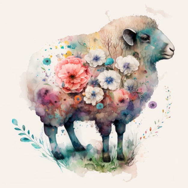 Ilustração de ovelha floral fofa em aquarela AI GenerativexA