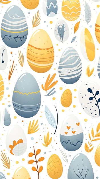 Ilustração de ovos de Páscoa azuis e amarelos com motivos de folhas em paleta de cores suaves Cartão de saudação de Páscua fundo telefone papel de parede histórias pano de fundo