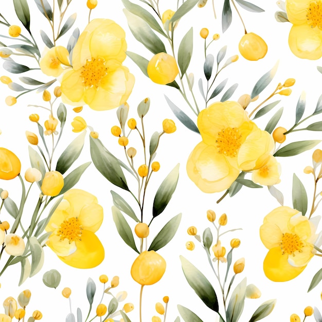 Ilustração de padrão de flor botânica em aquarela amarela em fundo branco