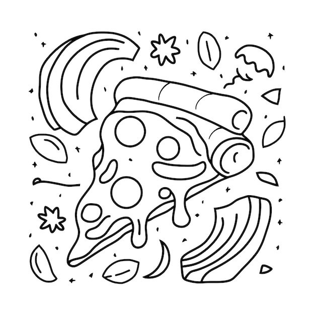 Ilustração de página de livro de colorir desenhada à mão de uma fatia de pizza com algumas coberturas parecendo saborosa
