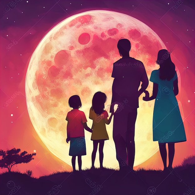 Ilustração de pai e filhos na lua na lua
