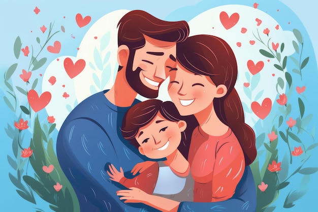 Ilustração de pai e mãe segurando a filha sorrindo imagem de comemoração do Dia dos Pais