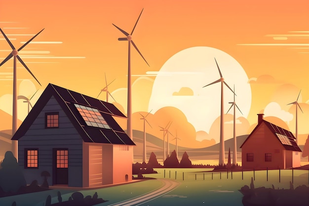 Ilustração de painéis solares de turbinas eólicas alternativas de energia verde Generative AI 1