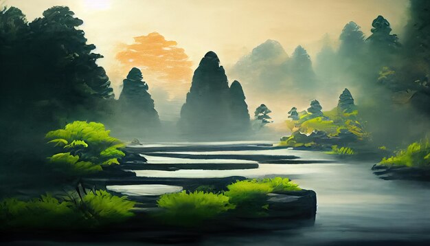 Ilustração de paisagem abstrata oriental Ilustração 3D de estilo de pintura de aquarela japonesa