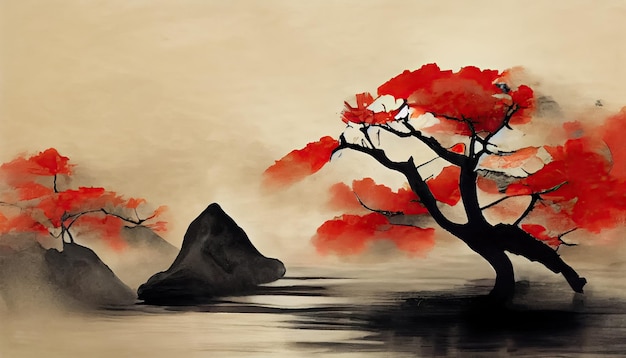 Ilustração de paisagem abstrata oriental Ilustração 3D de estilo de pintura de aquarela japonesa