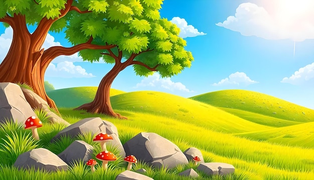 Ilustração de paisagem alegre cenário em estilo de desenho animado detalhes vibrantes em primeiro plano grandes rochas com