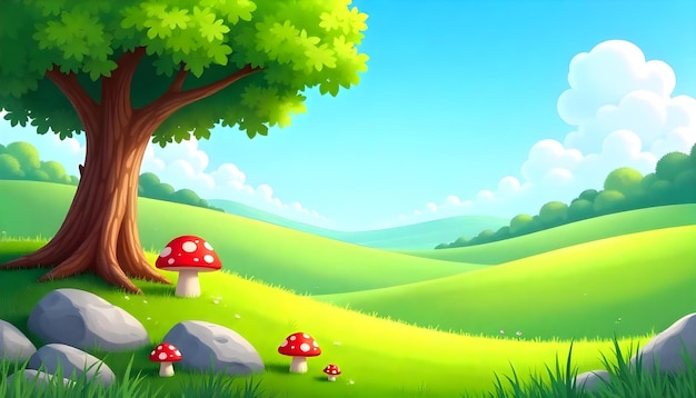 Ilustração de paisagem alegre cenário em estilo de desenho animado detalhes vibrantes em primeiro plano grandes rochas com