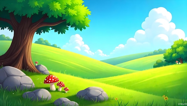 Ilustração de paisagem alegre cenário em estilo de desenho animado detalhes vibrantes em primeiro plano grandes rochas com