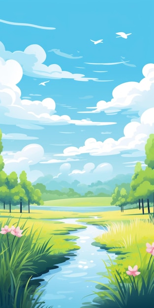 Foto ilustração de paisagem animada com um riacho e um cenário azul-céu