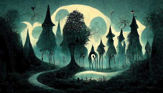 Ilustração de paisagem assustadora de floresta assombrada Ilustração 3D de fundo de floresta de Halloween de fantasia